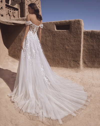 Luxus-Hochzeitskleider – Enzoani Brautkleider bei Say Jess Dein Brautladen für exclusive Brautmode und Accessoires- Amerikanisches Hochzeitskleid A-Linie Carmen Träger Rücken