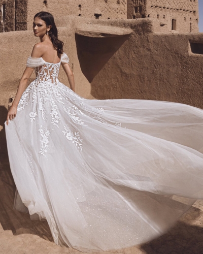 Luxus-Hochzeitskleider – Enzoani Brautkleider bei Say Jess Dein Brautladen für exclusive Brautmode und Accessoires- Amerikanisches Hochzeitskleid A-Linie Carmen Träger Rücken Schleppe